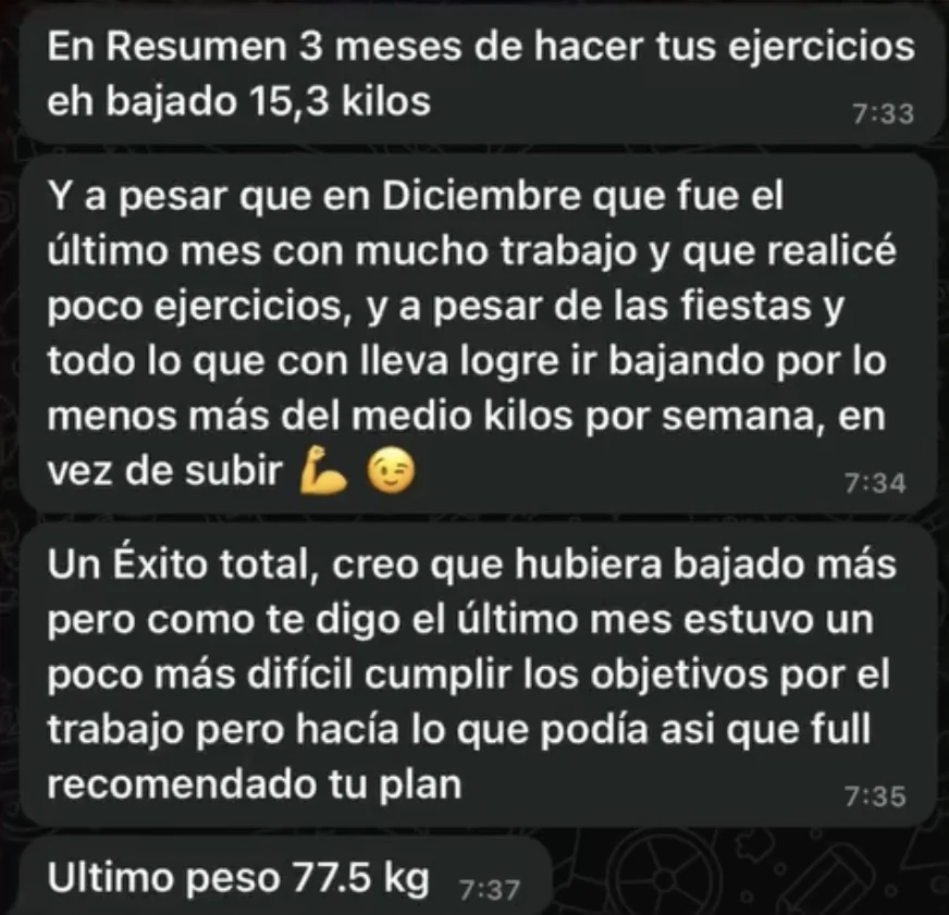 Mensaje real de WhatsApp sobre una pérdida de 15,3 kilos en tres meses