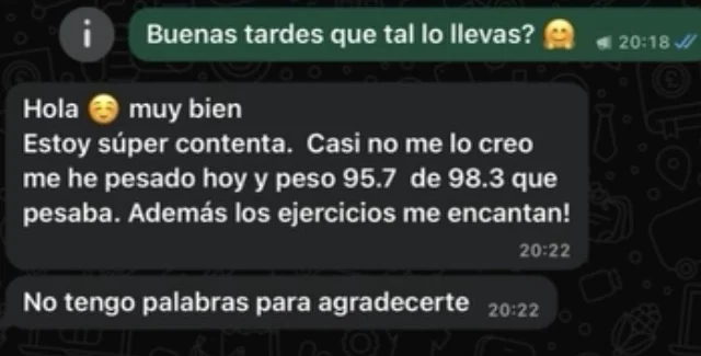 Mensaje real de WhatsApp de una clienta satisfecha con su progreso