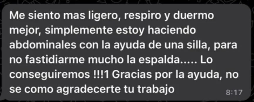 Mensaje real de WhatsApp sobre sentirse más ligero, respirar y dormir mejor