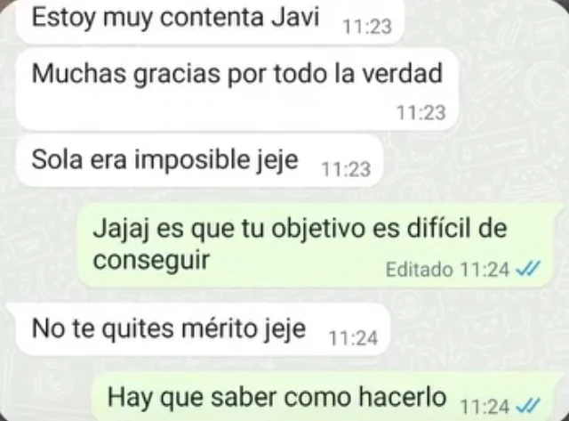 Mensaje real de WhatsApp de agradecimiento y satisfacción